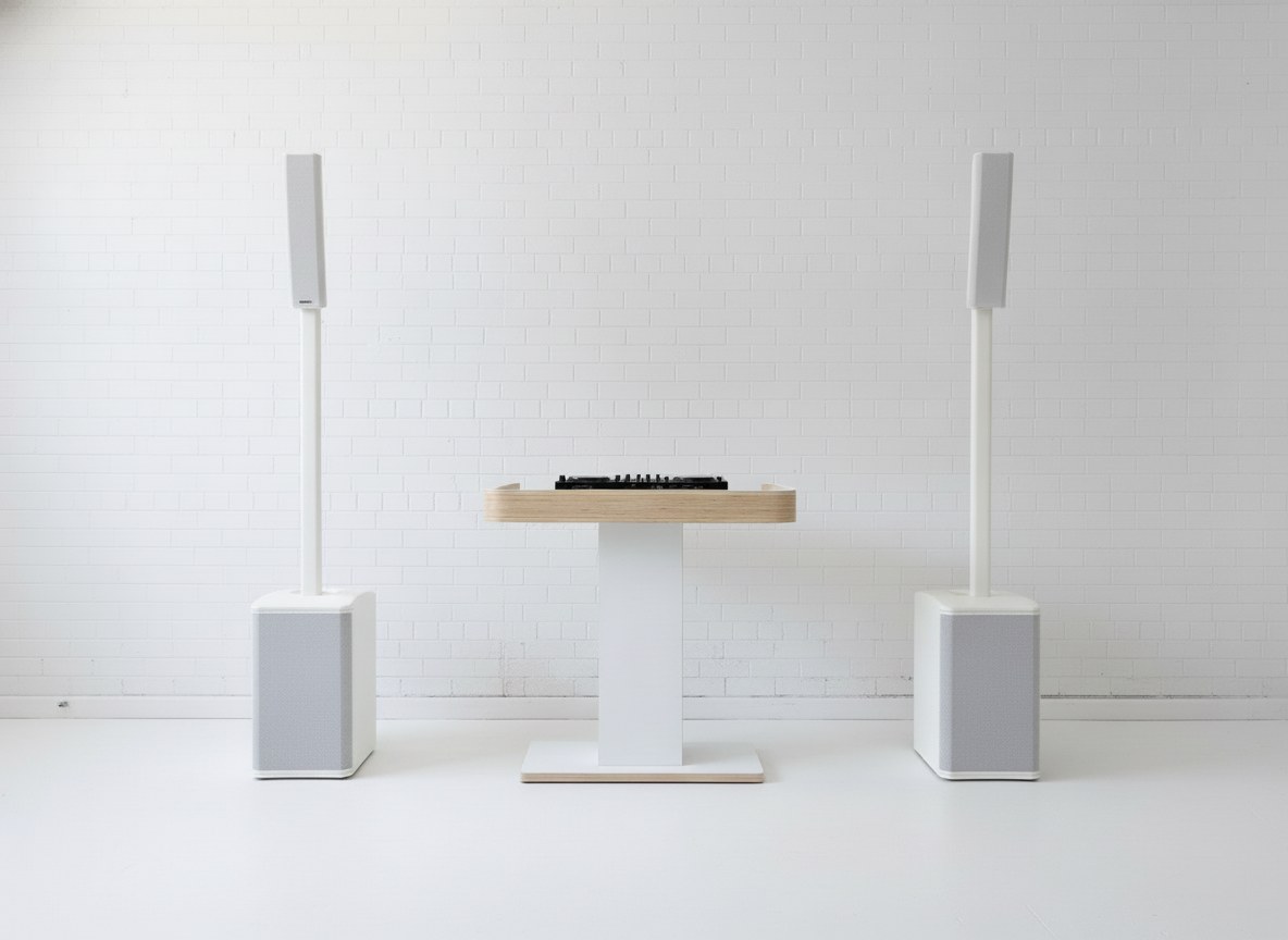 The associate DJ setup: white booth with plywood-edge top rail and white QSC column speakers
